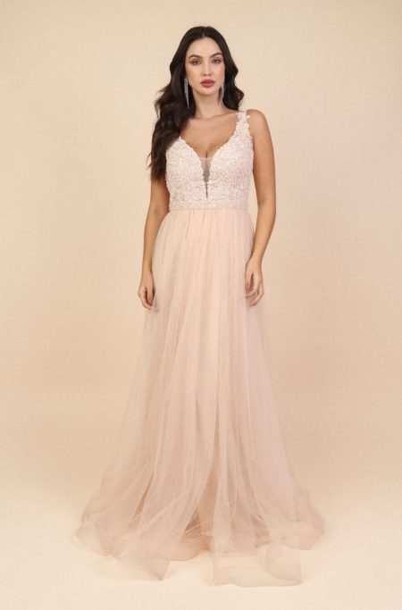 Vestido Willow Importado Busto Renda, Paete Bordada e Saia F - Nude