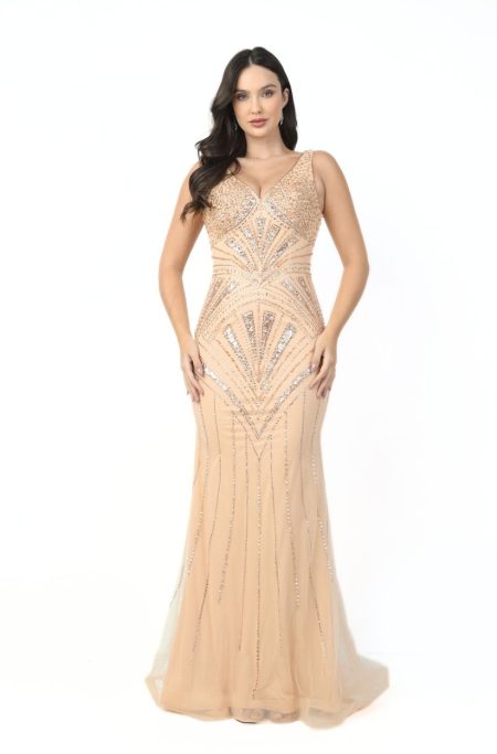 Vestido Callie Importado Bordado Simetrico e Saia Sereia - Dourado