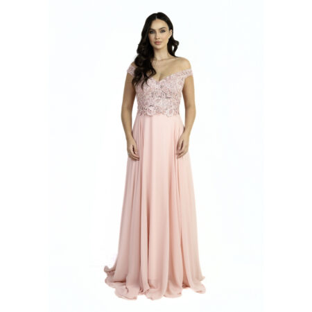 Vestido Beatriz Ombro A Ombro Bordado, Pala com AplicaÇÃo e Saia Chiffon Rodada - Rose