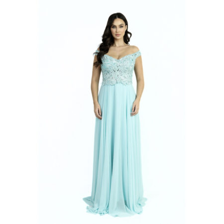 Vestido Beatriz Ombro A Ombro Bordado, Pala com AplicaÇÃo e Saia Chiffon Rodada - Tiffany