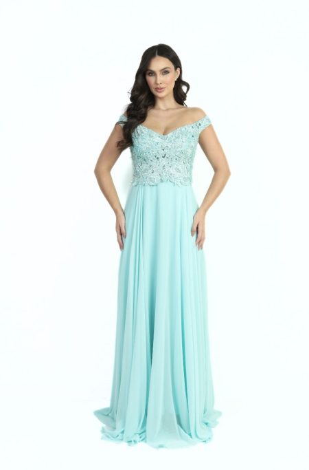 Vestido Beatriz Ombro A Ombro Bordado, Pala com AplicaÇÃo e Saia Chiffon Rodada - Tiffany