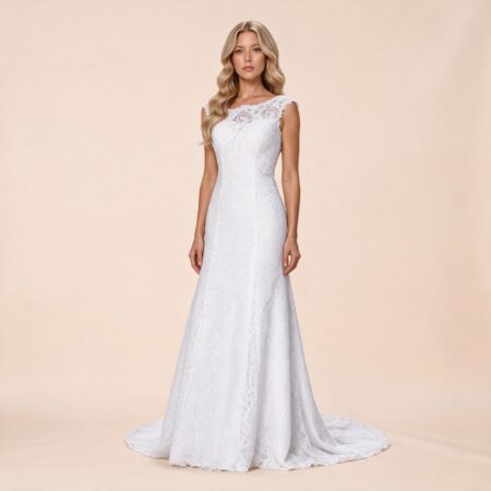 Vestido Elle Noiva Renda Bordada, Maga Japonesa e Saia com Calda - Branco