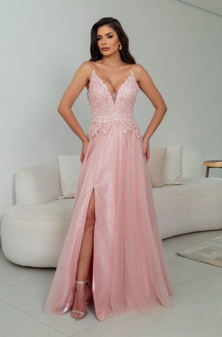 Vestido Coff Importado, Busto Bordado e Saia Rodada Fenda - Rose