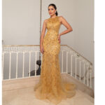 Vestido Alessandra Importado Bordado Pedra, Paete e Saia Sereia Bicici - Dourado