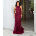 Vestido Alessandra Importado Bordado Pedra, Paete e Saia Sereia Bicici - Bordo