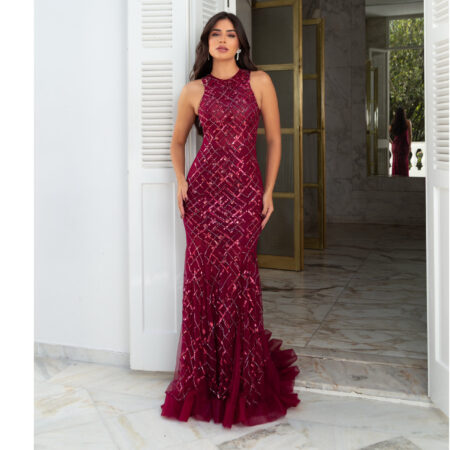 Vestido Alessandra Importado Bordado Pedra, Paete e Saia Sereia Bicici - Bordo