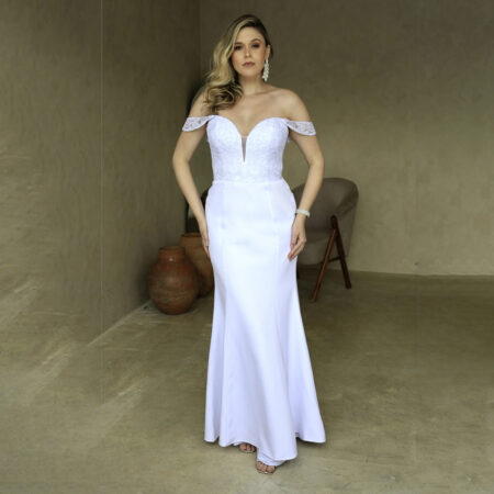 Vestido Lexi Noiva Ombro A Ombro Saia Fenda - Branco