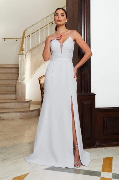 Vestido Amaya Noiva Alfaiataria Busto Tule Bordado Paete, Cinto e Saia Fenda - Branco