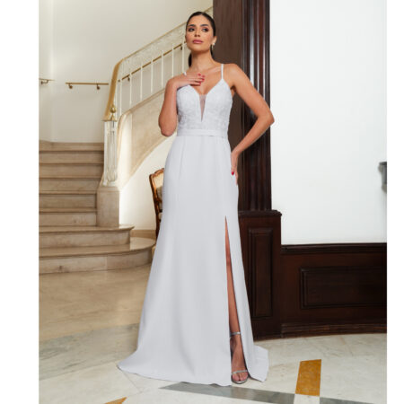 Vestido Amaya Noiva Alfaiataria Busto Tule Bordado Paete, Cinto e Saia Fenda - Branco