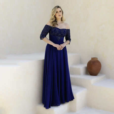 Vestido Emeli Busto Simetrico Bordado, Manga 3/4, Franzido Frontal e Saia Rodada Chiffon - Marinho