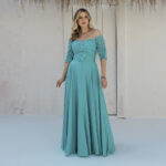 Vestido Emeli Busto Simetrico Bordado, Manga 3/4, Franzido Frontal e Saia Rodada Chiffon - Tiffany