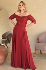 Vestido Emeli Busto Simetrico Bordado, Manga 3/4, Franzido Frontal e Saia Rodada Chiffon - Marsala