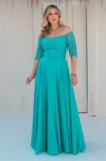 Vestido Emeli Busto Simetrico Bordado, Manga 3/4, Franzido Frontal e Saia Rodada Chiffon - Tiffany