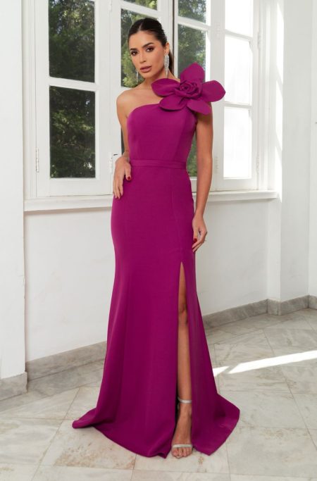 Vestido Daisy Alfaiataria Detalhe Flor Um Ombro, Cinto e Saia Fenda - Fuchsia