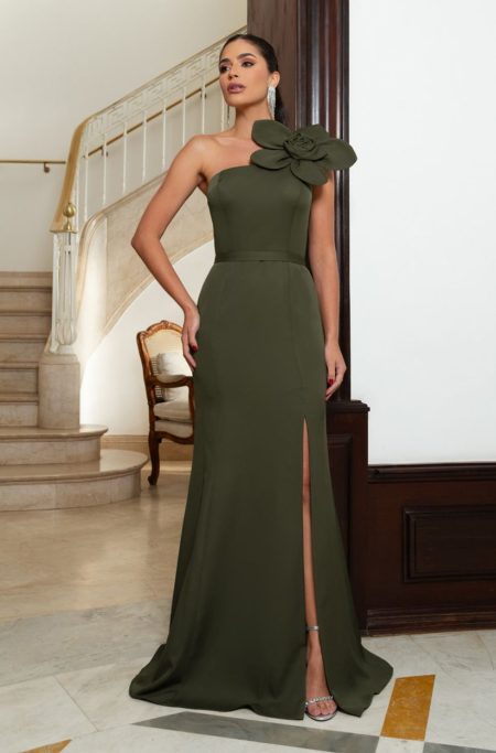 Vestido Daisy Alfaiataria Detalhe Flor Um Ombro, Cinto e Saia Fenda - Oliva