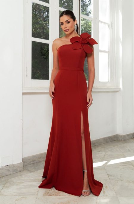 Vestido Daisy Alfaiataria Detalhe Flor Um Ombro, Cinto e Saia Fenda - Terra Cota