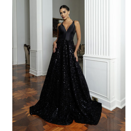 Vestido Angela Busto Zibeline Pala Bordada Saia Paete - Preto