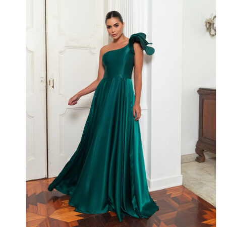 Vestido Earyn Um Ombro Cetim, Detalhe Ombro Saia Rodada - Musgo