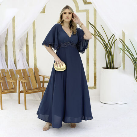 Vestido Erin Crepe Ggt, Detalhe Manga e Cintura Bordada e Saia Levemente Rodada - Marinho