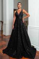 Vestido Angela Busto Zibeline Pala Bordada Saia Paete - Preto