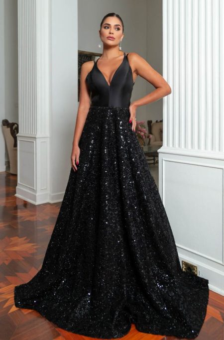 Vestido Angela Busto Zibeline Pala Bordada Saia Paete - Preto