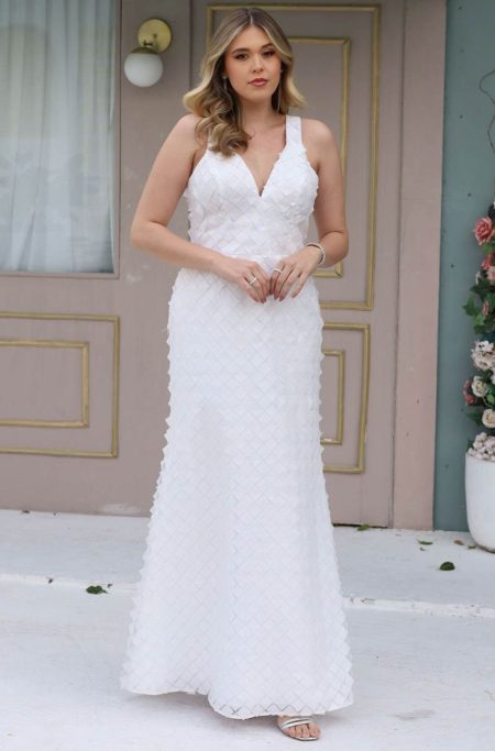 Vestido Dakota Tule Bordado 3d Saia Sereia - Branco