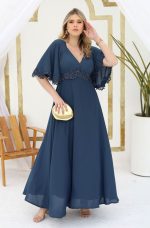 Vestido Erin Crepe Ggt, Detalhe Manga e Cintura Bordada e Saia Levemente Rodada - Marinho