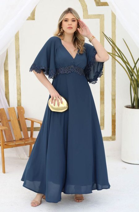 Vestido Erin Crepe Ggt, Detalhe Manga e Cintura Bordada e Saia Levemente Rodada - Marinho