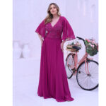 Vestido Kaylene Busto Bordado Manga Chiffon e Saia Rodada - Fuchsia