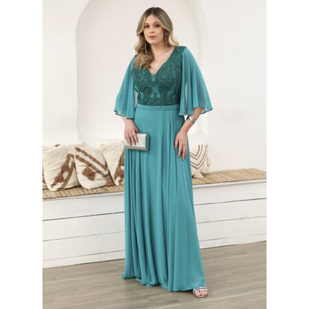 Vestido Kaylene Busto Bordado Manga Chiffon e Saia Rodada - Verde