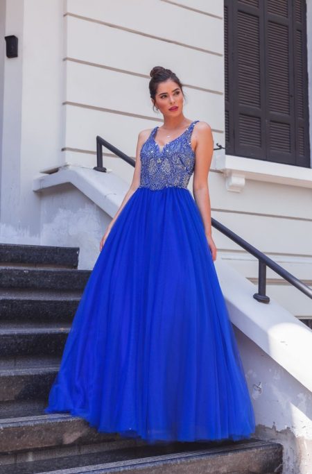 Vestido Valentina Importado Bordado e Saia de Tule Franzida - Royal