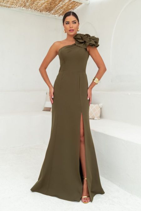 Vestido Ruth Alfaiataria Um Ombro Prega, Detalhe Flor e Saia Fenda - Oliva