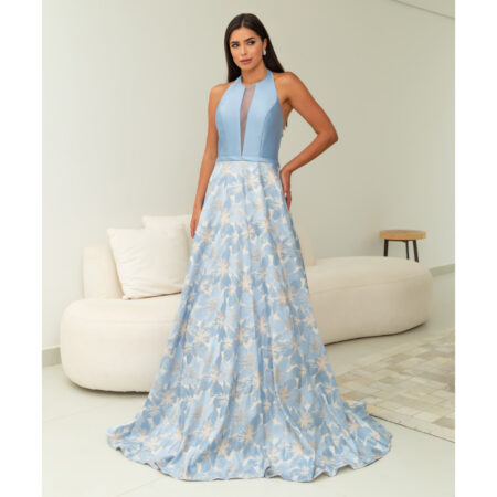 Vestido Hanna Importado Busto Liso e Saia Rodada Jacquard Estampado - Estampado