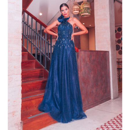 Vestido Jasmine Importado Bordado com Paetê e Saia Levemente Rodada - Marinho