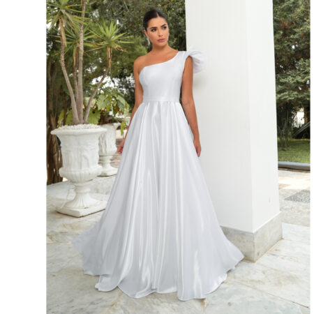 Vestido Earyn Noiva Um Ombro Cetim, Detalhe Ombro Saia Rodada - Branco