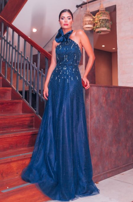 Vestido Jasmine Importado Bordado com Paetê e Saia Levemente Rodada - Marinho