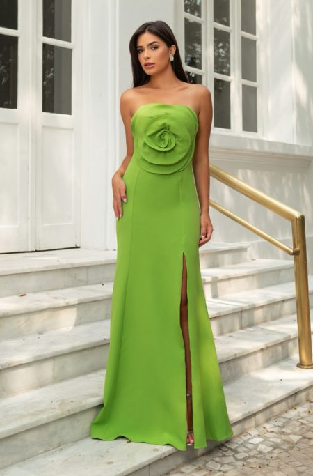 Vestido Eve Alfaiataria, Flor Busto Frontal e Saia Fenda - Abacate