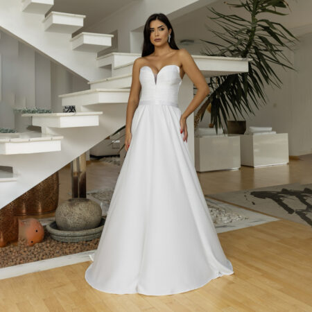 Vestido Thea Noiva Decote Plissado Busto e Saia Rodada Cetim - Branco