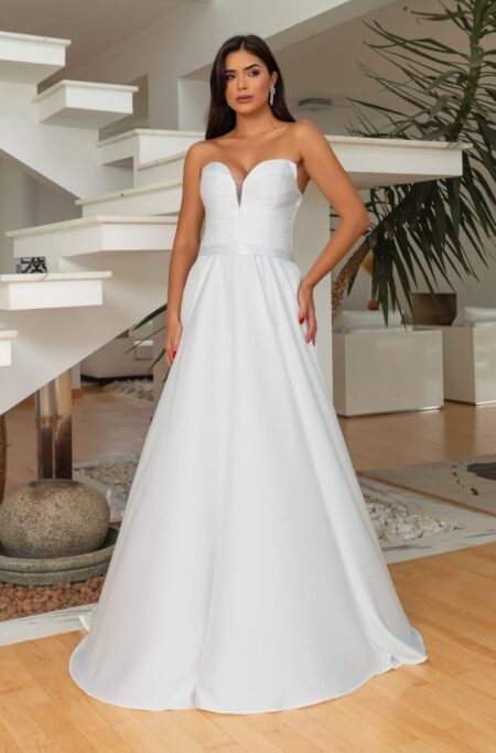 Vestido Thea Noiva Decote Plissado Busto e Saia Rodada Cetim - Branco