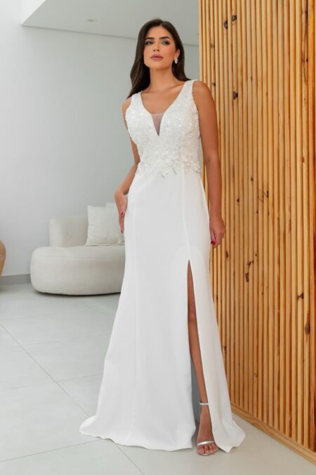 Vestido Mariah Alfaiataria Busto Bordado Renda e Saia Fenda - Off White