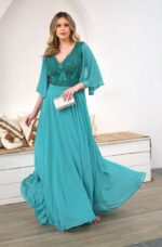 Vestido Kaylene Busto Bordado Manga Chiffon e Saia Rodada - Verde