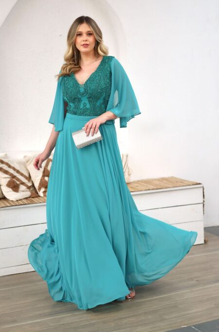 Vestido Kaylene Busto Bordado Manga Chiffon e Saia Rodada - Verde