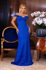 Vestido Ivy Tule Bordado Ombro A Ombro Saia Sereia - Royal