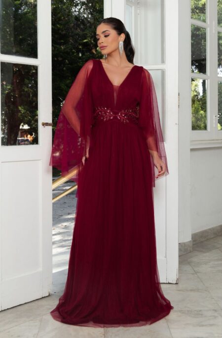 Vestido Aurelia Busto Tule Franzido com Aplicaçâo Lateral - Bordo