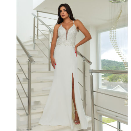 Vestido Eliana Noiva Bordado, Costa Trançada e Saia Fenda Alfaiataria - Off White