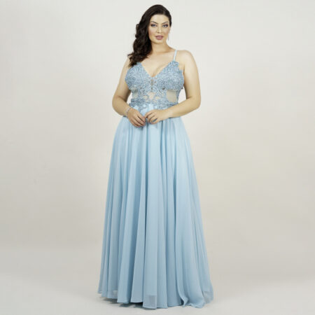 Vestido Irlanda Bordado com Alça e Saia Rodada Chiffon - Azul Ceu