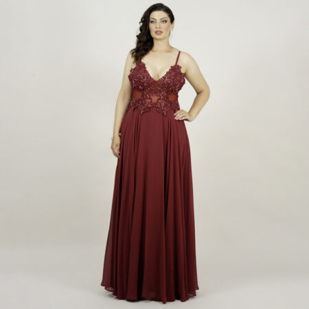 Vestido Irlanda Bordado com Alça e Saia Rodada Chiffon - Marsala