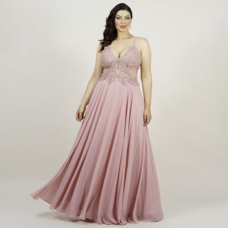 Vestido Irlanda Bordado com Alça e Saia Rodada Chiffon - Rose