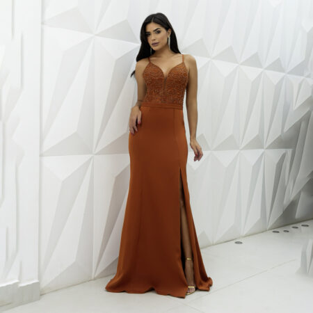 Vestido Margot Renda Busto Alfaiataria Saia Fenda - Terracota