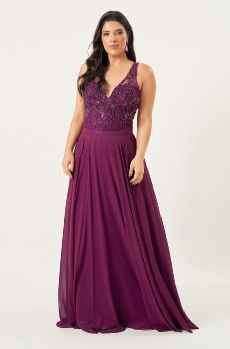 Vestido Nandes Bordado, Desenho Simetrico, Cinto e Saia Chiffon Rodada - Uva